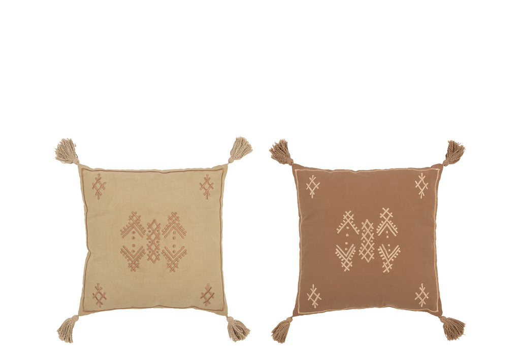 J-LINE KUSSEN ETHNIC PRINT + KWASTJES – KATOEN/POLYESTER – ZAND/BRUIN – SET VAN 2 – 45 CM