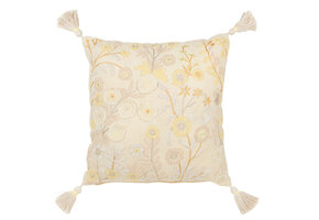 J-LINE KUSSEN VIERKANT BLOEMEN/KWASTJES KATOEN LICHTGEEL