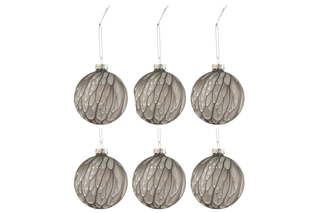 J-LINE BOX OF 6 CHRISTMAS BAUBLES SPOTTED GLASS MATTE GREY SMALL