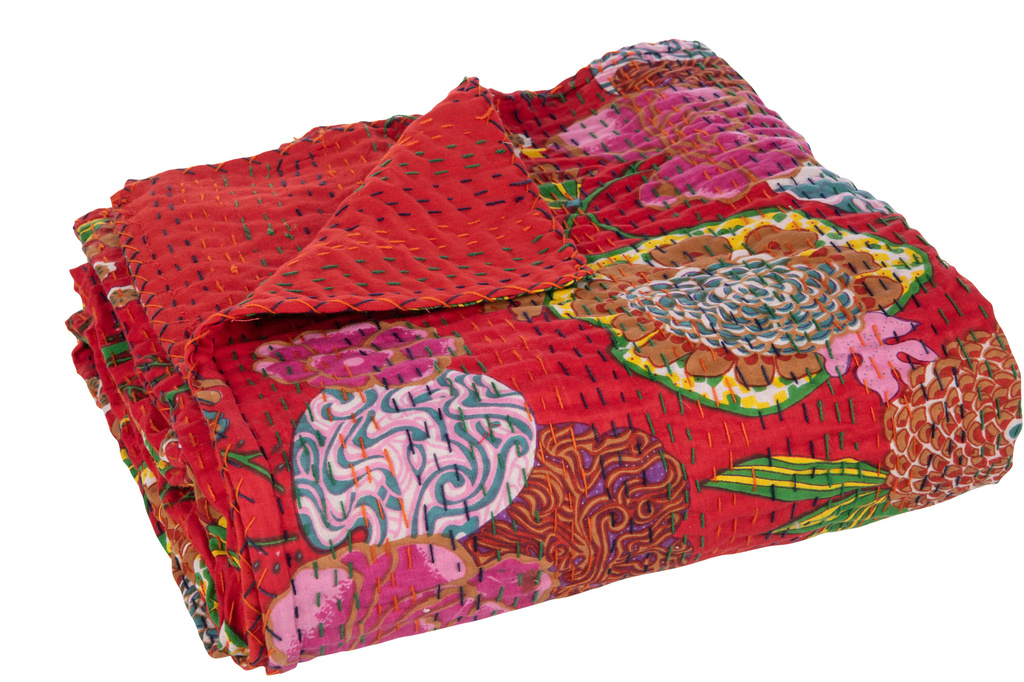 J-LINE PLAID/BEACH MAT FLOWERS + STITCHES COTTON RED LARGE