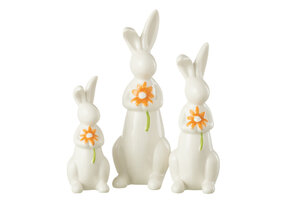 J-LINE SET OF 3 RABBITS FLOWERS PORCELAIN ORANGE/WHITE