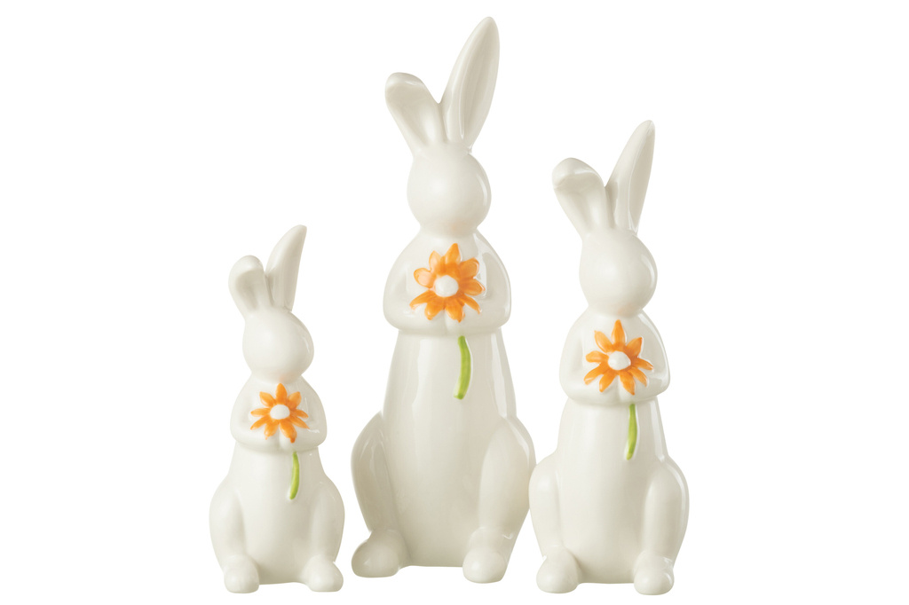 J-LINE SET OF 3 RABBITS FLOWERS PORCELAIN ORANGE/WHITE