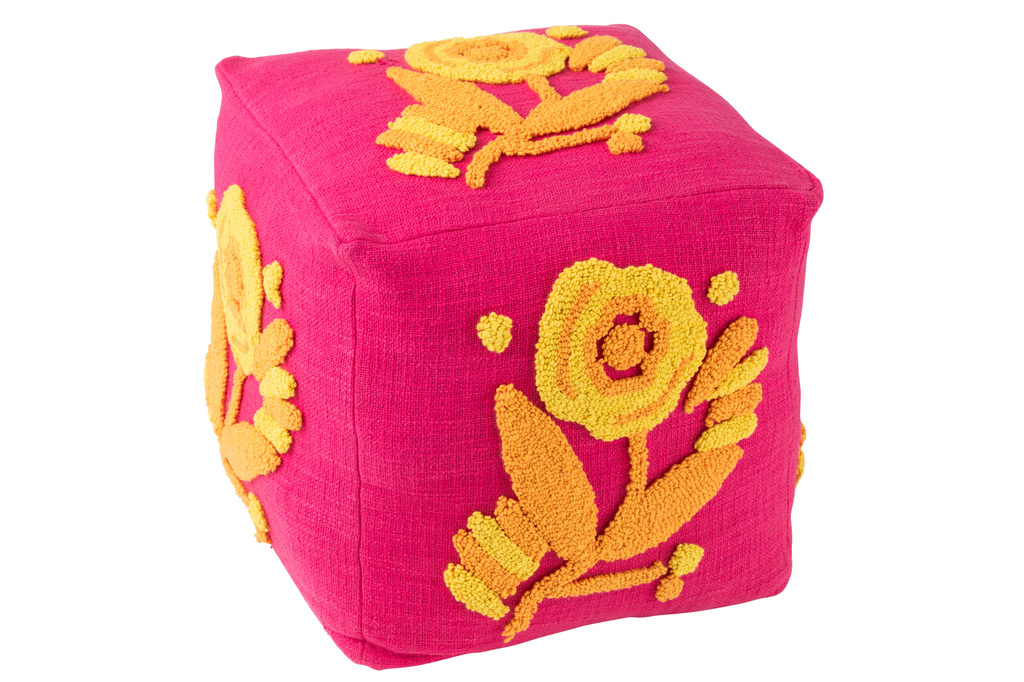 J-LINE POEF VIERKANT BLOEM KATOEN ROZE/ORANJE/GEEL
