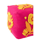 J-LINE POEF VIERKANT BLOEM KATOEN ROZE/ORANJE/GEEL