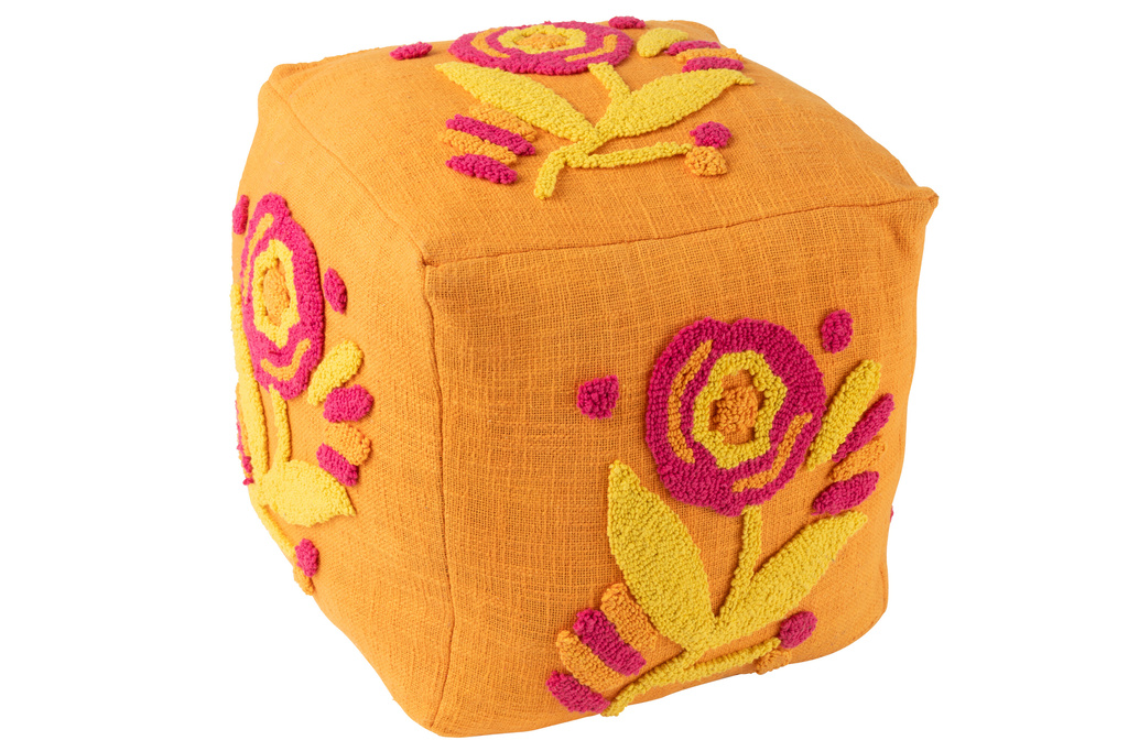 J-LINE POEF VIERKANT BLOEM KATOEN ORANJE/ROZE/GEEL