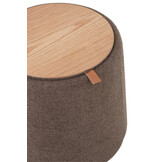 J-LINE POEF/SIDETABLE ROND TEXTIEL/HOUT BRUIN