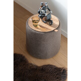 J-LINE POEF/SIDETABLE ROND TEXTIEL/HOUT BRUIN