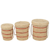 J-LINE SET VAN 3 MANDEN MET DEKSEL + STREPEN – MAISBLAD NATUUR/ROOD