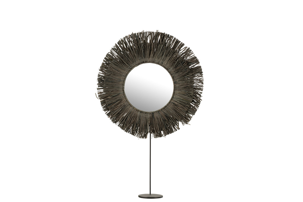 J-LINE SPIEGEL OP VOET ROND REED RAFFIA GRIJS