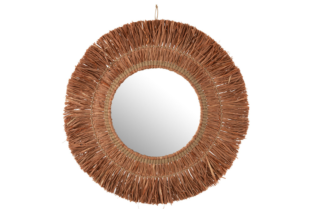 J-LINE HANGENDE RONDE SPIEGEL RIET/RAFFIA BRUIN