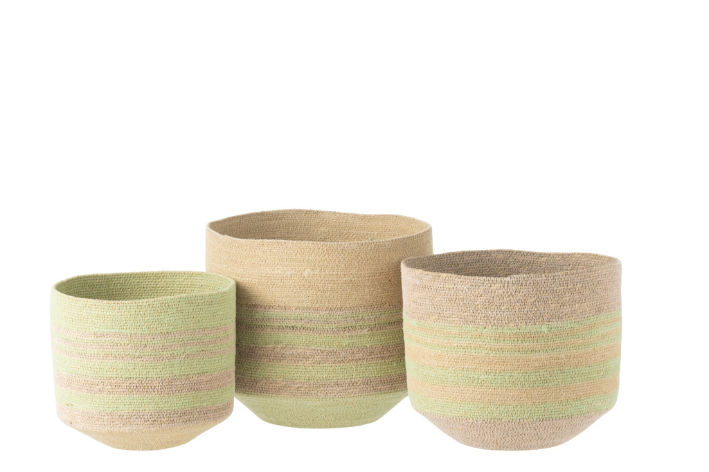 J-LINE SET OF 3 BASKET STRIPES SEAGRASS NATURAL/GREEN