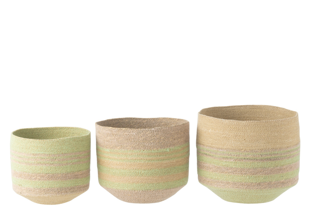 J-LINE SET OF 3 BASKET STRIPES SEAGRASS NATURAL/GREEN
