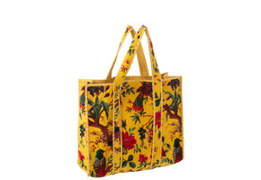 J-LINE TOTE BAG BIRDS/FLOWERS COTTON VELVET YELLOW