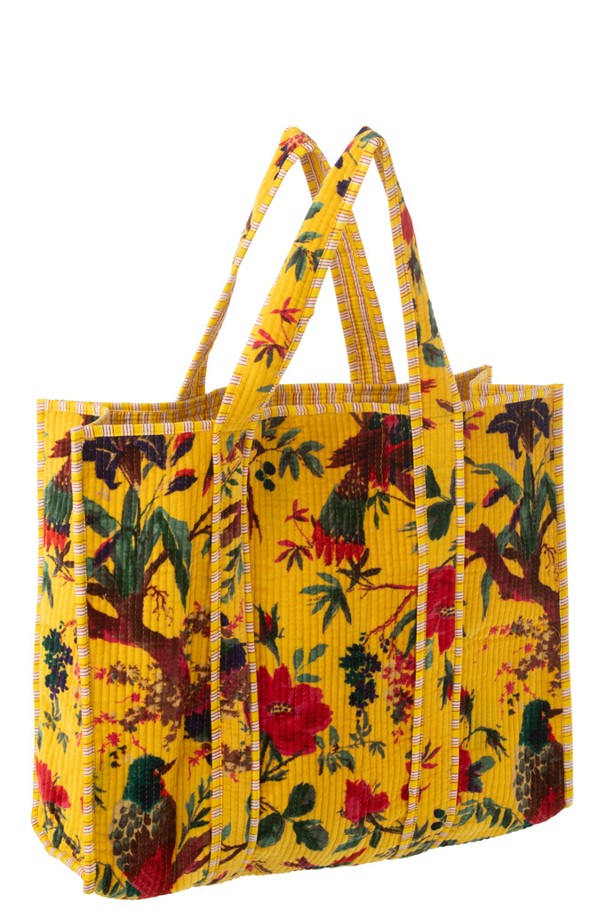 J-LINE TOTE BAG BIRDS/FLOWERS COTTON VELVET YELLOW