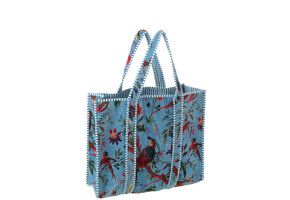 J-LINE TOTE BAG BIRDS/FLOWERS COTTON VELVET BLUE