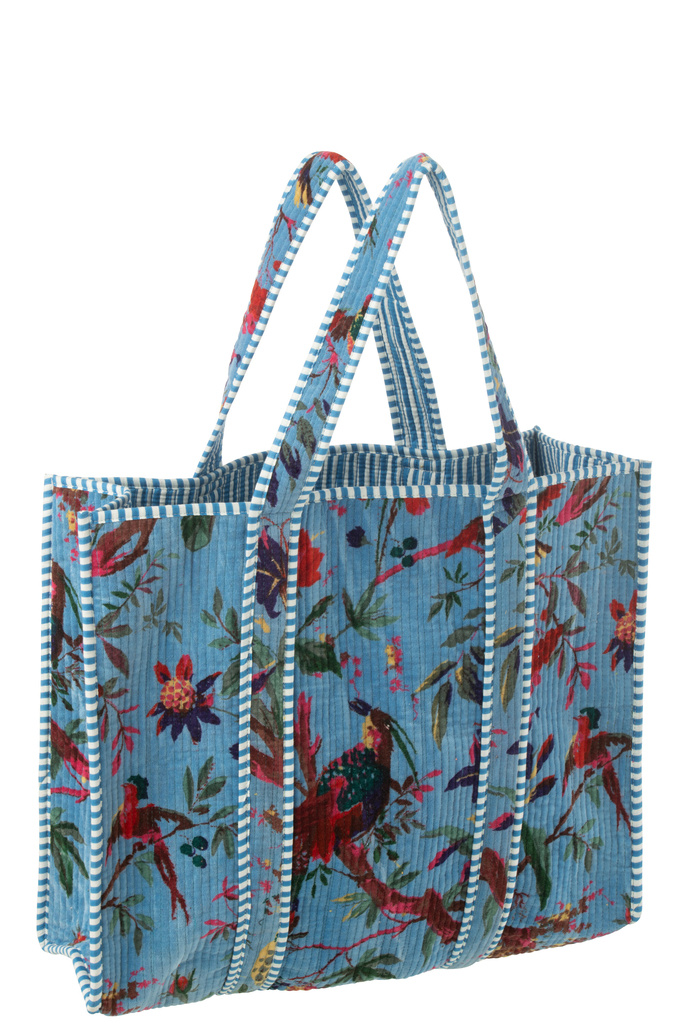 J-LINE TOTE BAG BIRDS/FLOWERS COTTON VELVET BLUE