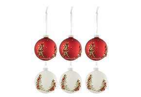J-LINE DOOS MET 6 KERSTBALLEN KERSTBOMEN GLITTERS GLAS WIT/ROOD KLEIN
