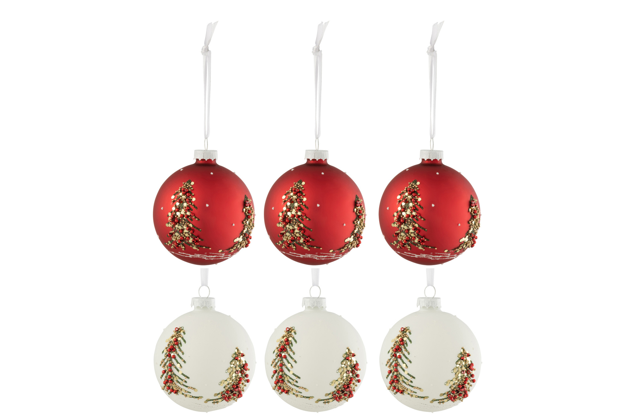 J-LINE DOOS MET 6 KERSTBALLEN KERSTBOMEN GLITTERS GLAS WIT/ROOD KLEIN