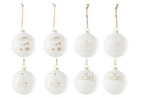 J-LINE DOOS VAN 8 KERSTBALLEN 2+2+2+2 TEKST KERST GLAS WIT/GOUD