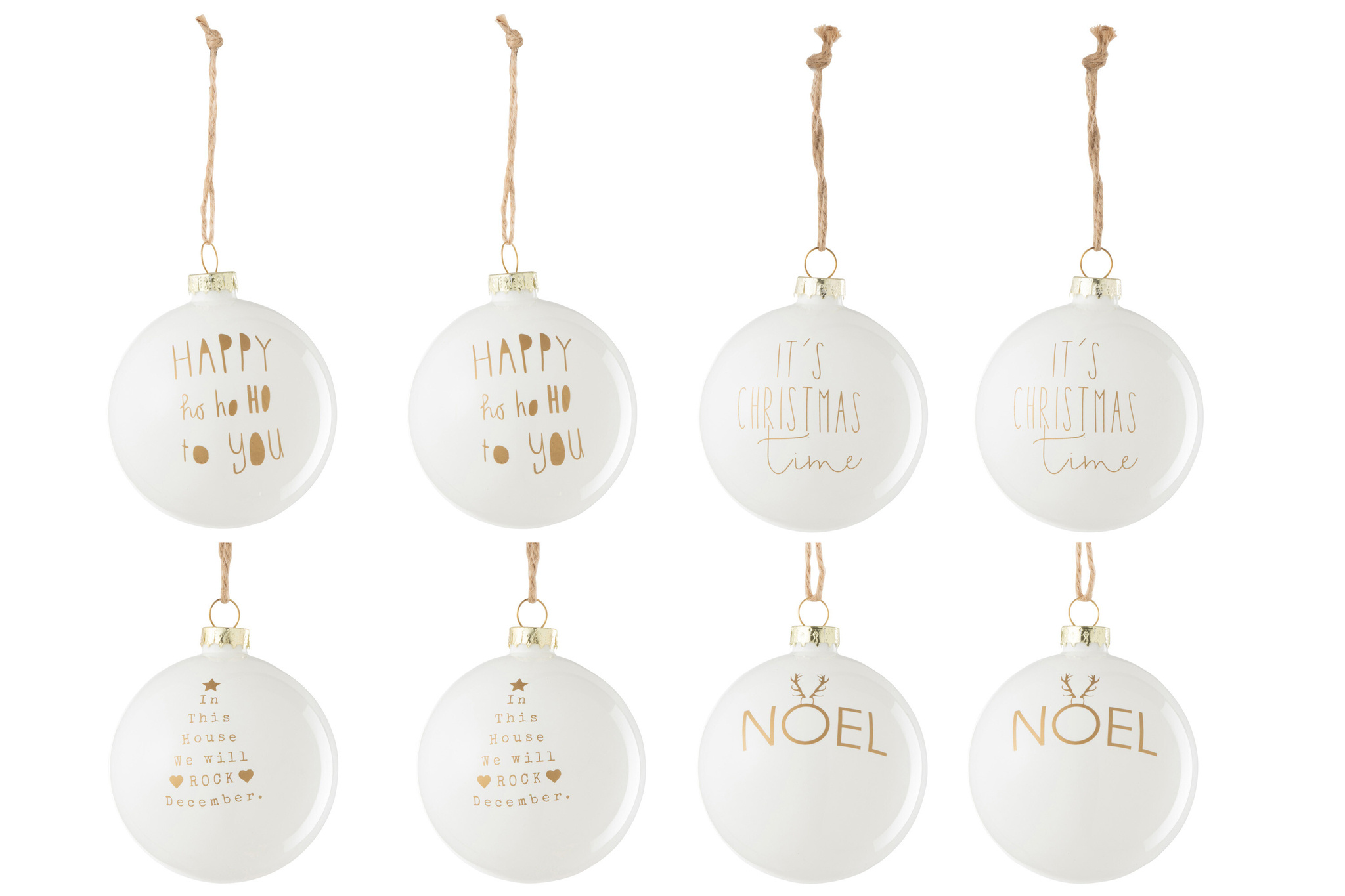 J-LINE DOOS VAN 8 KERSTBALLEN 2+2+2+2 TEKST KERST GLAS WIT/GOUD