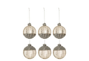 J-LINE DOOS MET 6 KERSTBALLEN PARELMOER 3X ONDERKANT/3X BOVENKANT GLAS ANTIEK ZILVER KLEIN SET VAN 2 STUKS