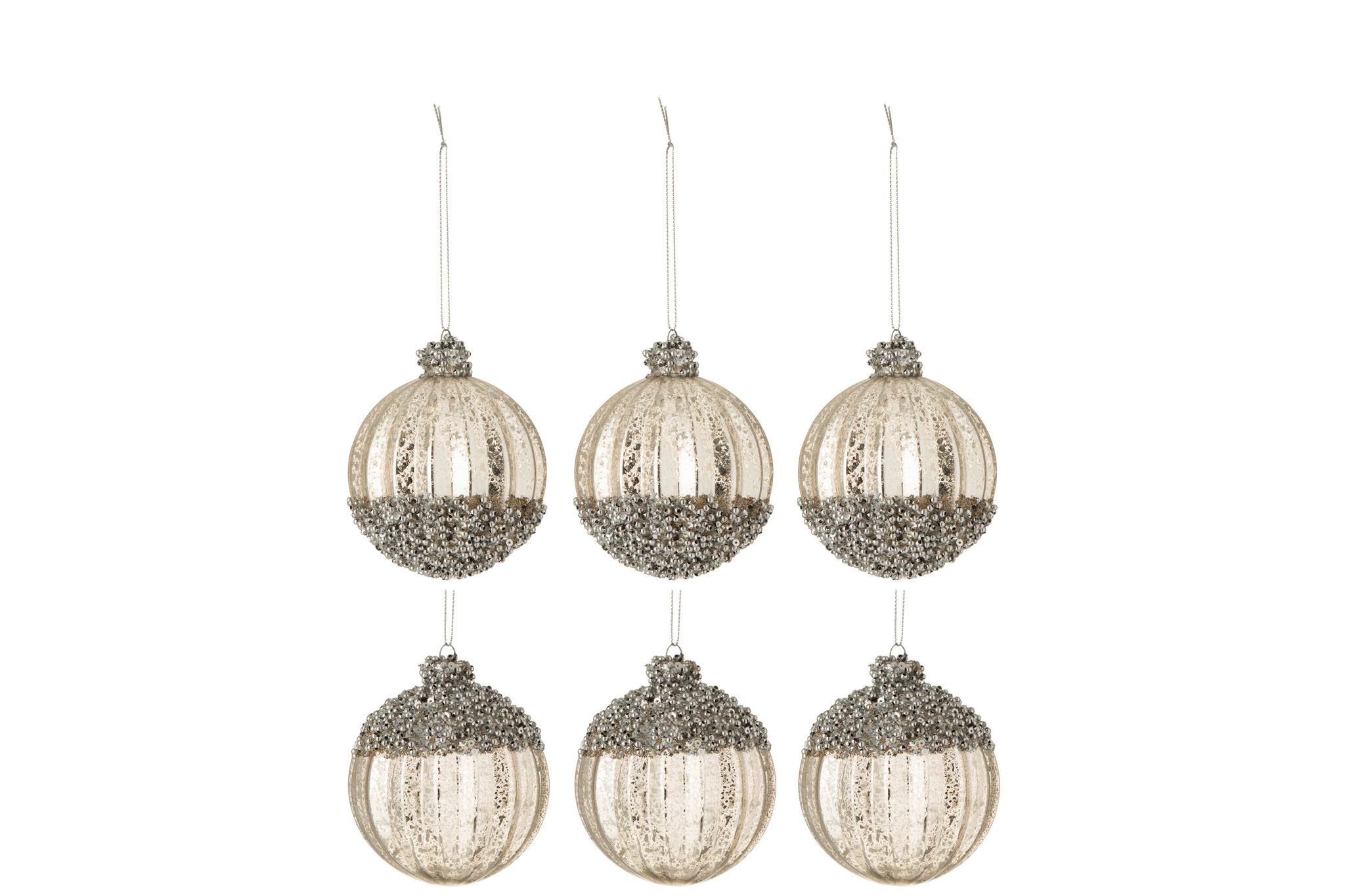 J-LINE DOOS MET 6 KERSTBALLEN PARELMOER 3X ONDERKANT/3X BOVENKANT GLAS ANTIEK ZILVER KLEIN SET VAN 2 STUKS