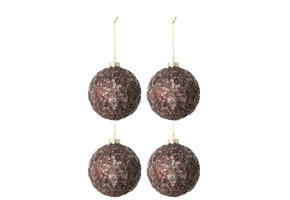 J-LINE DOOS VAN 4 KERSTBALLEN MET PAILLETTEN SUIKERMAT GLAS DONKERBRUIN MEDIUM