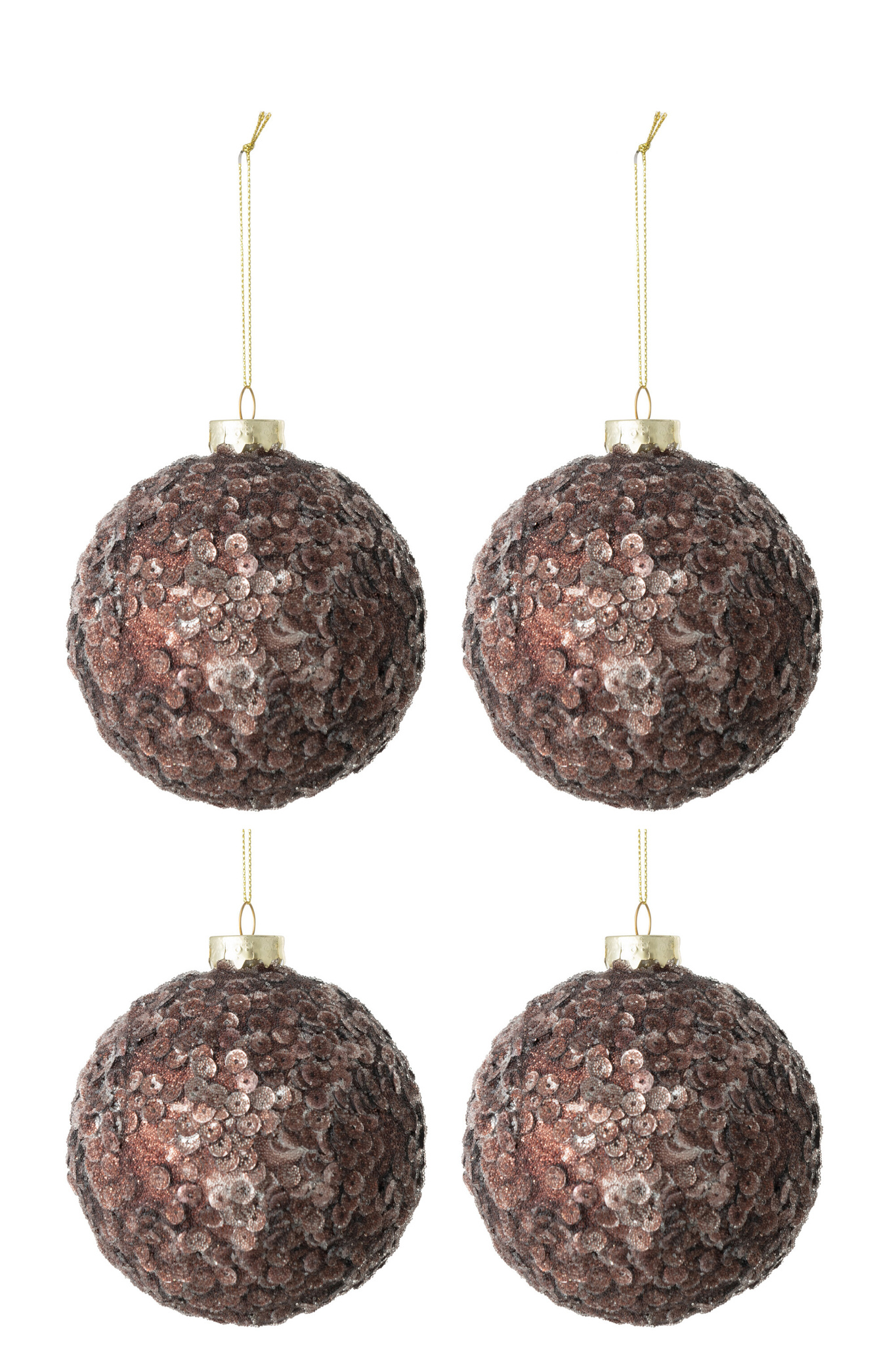 J-LINE DOOS VAN 4 KERSTBALLEN MET PAILLETTEN SUIKERMAT GLAS DONKERBRUIN MEDIUM