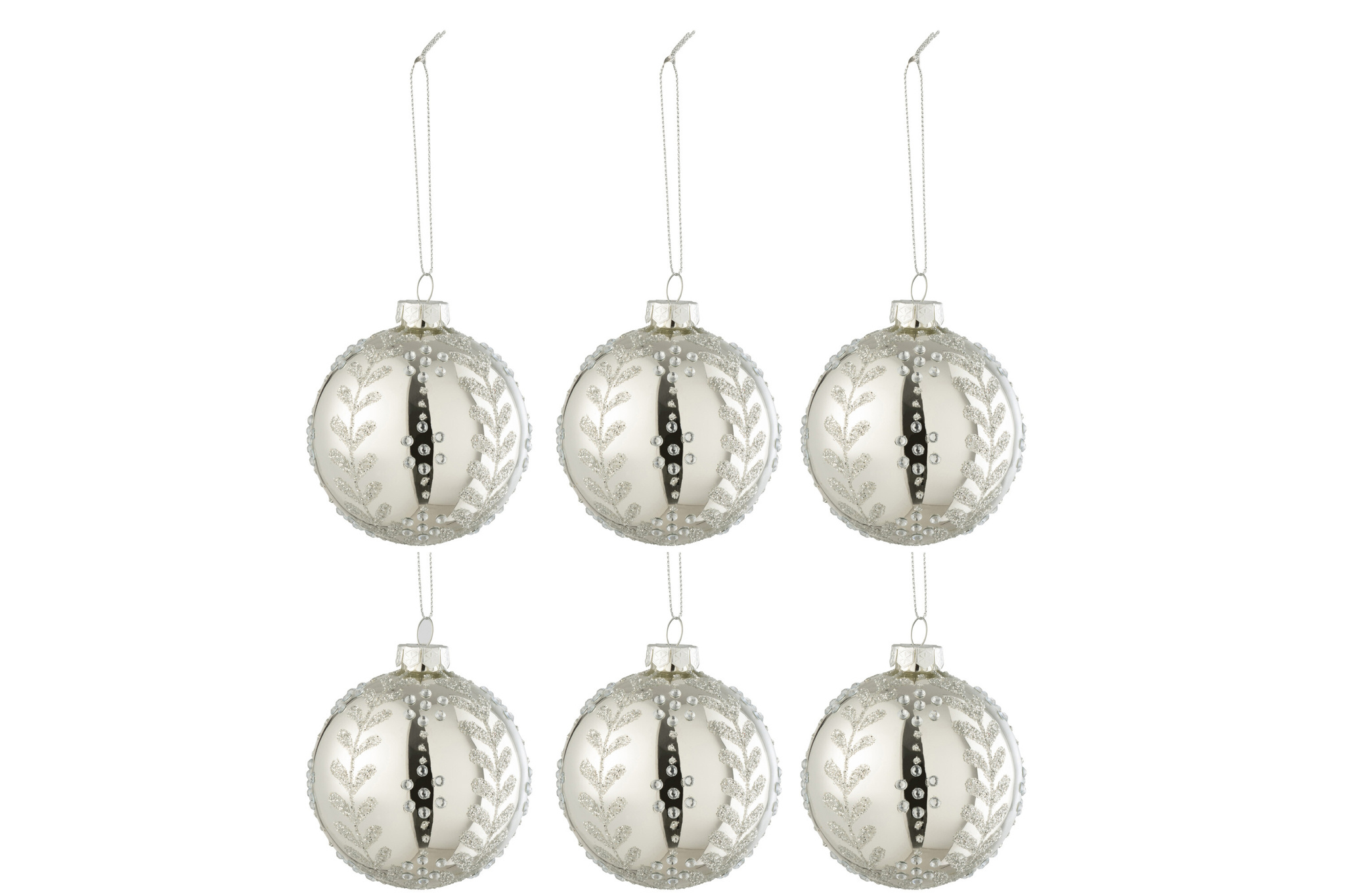 J-LINE DOOS VAN 6 KERSTBALLEN BLADEREN GLITTER GLAS GLANZEND ZILVER KLEIN