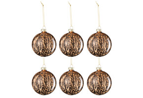 J-LINE DOOS VAN 6 KERSTBALVLEKKEN GLAS BRUIN/ZWART KLEIN