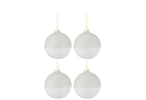 J-LINE DOOS VAN 4 KERSTBALLEN SUIKER BOVEN GLAS TRANSPARANT WIT MEDIUM