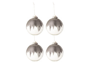 J-LINE DOOS VAN 4 KERSTBALLEN GLITTER MINI KWASTJE GRIJS GLAS TRANSPARANT GROOT