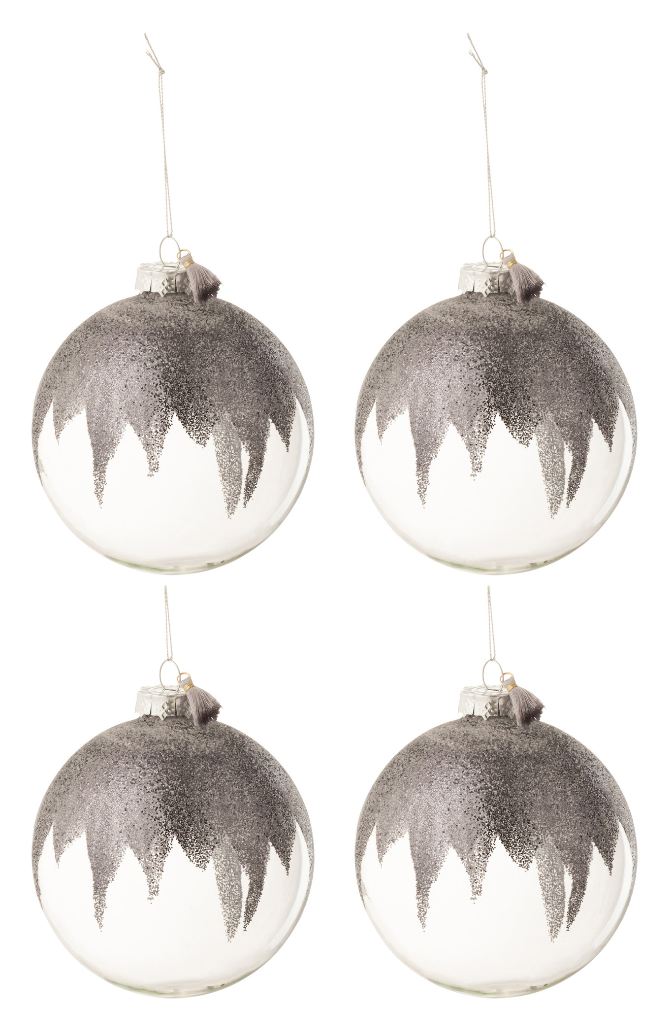 J-LINE DOOS VAN 4 KERSTBALLEN GLITTER MINI KWASTJE GRIJS GLAS TRANSPARANT GROOT