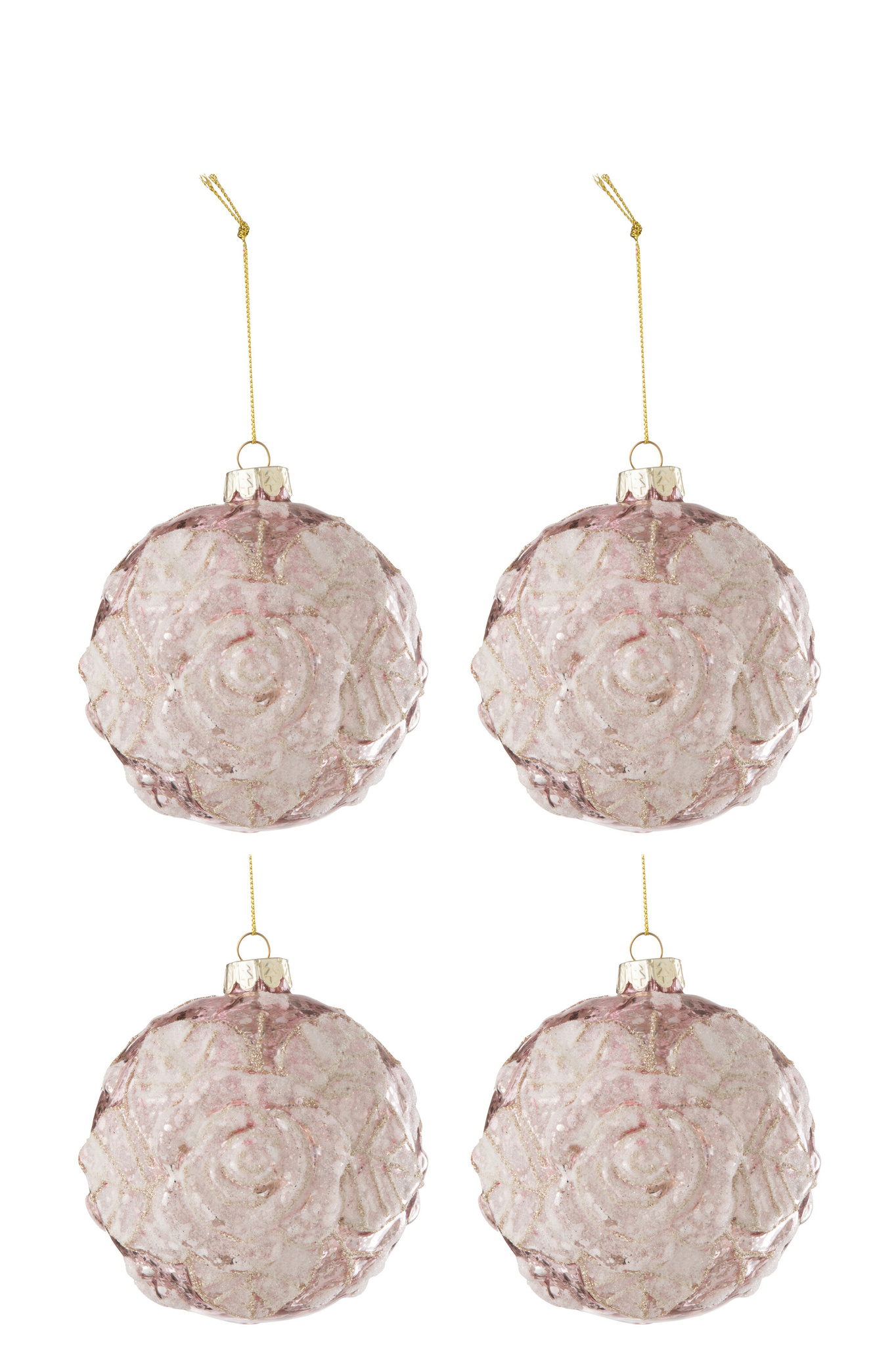 J-LINE DOOS MET 4 KERSTBALLEN MOTIEF ROZE PAILLETTEN GLAS LICHTROZE GROOT