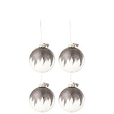 J-LINE DOOS VAN 4 KERSTBALLEN GLITTER MINI KWASTJE GRIJS GLAS TRANSPARANT MEDIUM