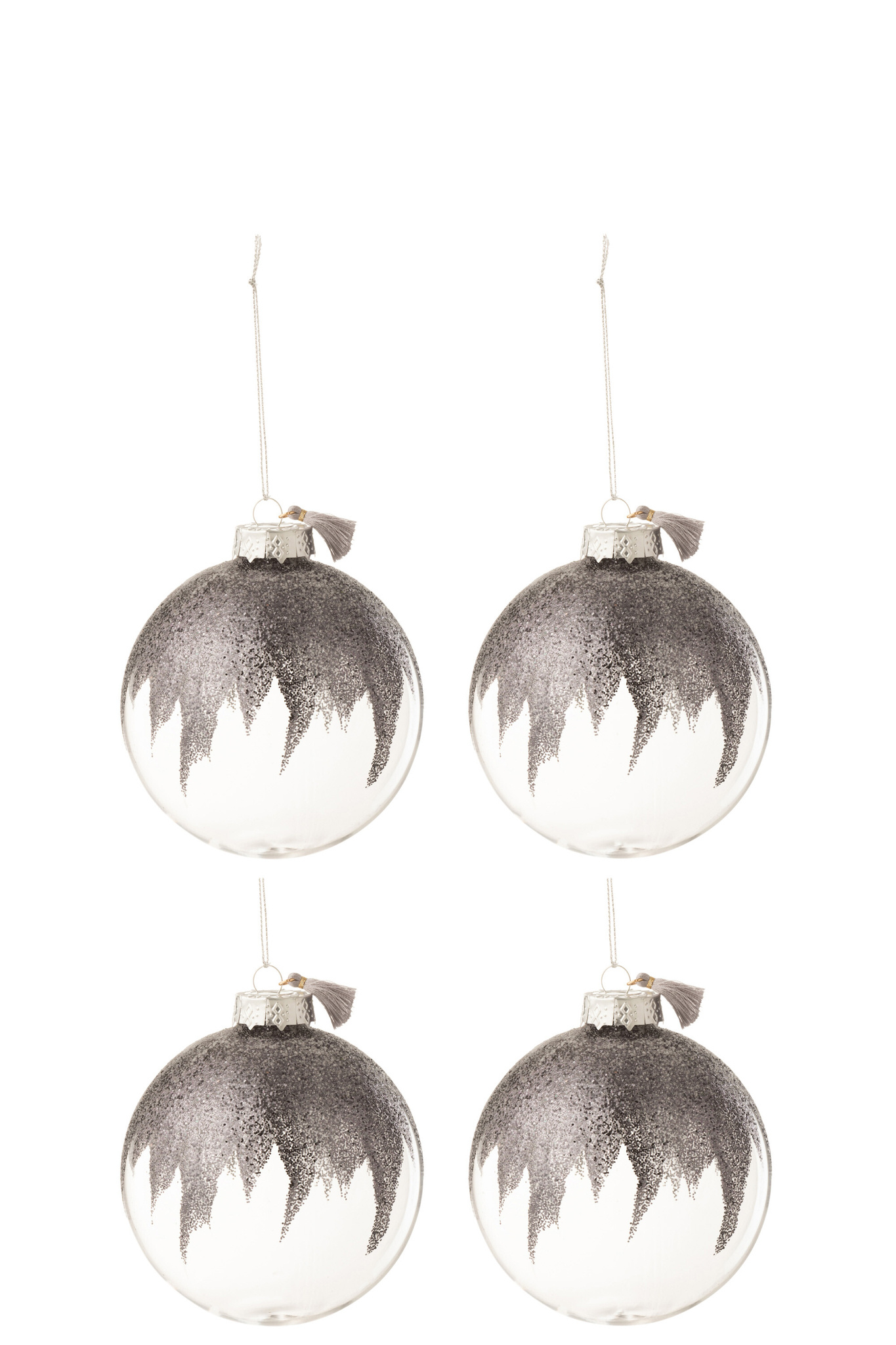 J-LINE DOOS VAN 4 KERSTBALLEN GLITTER MINI KWASTJE GRIJS GLAS TRANSPARANT MEDIUM