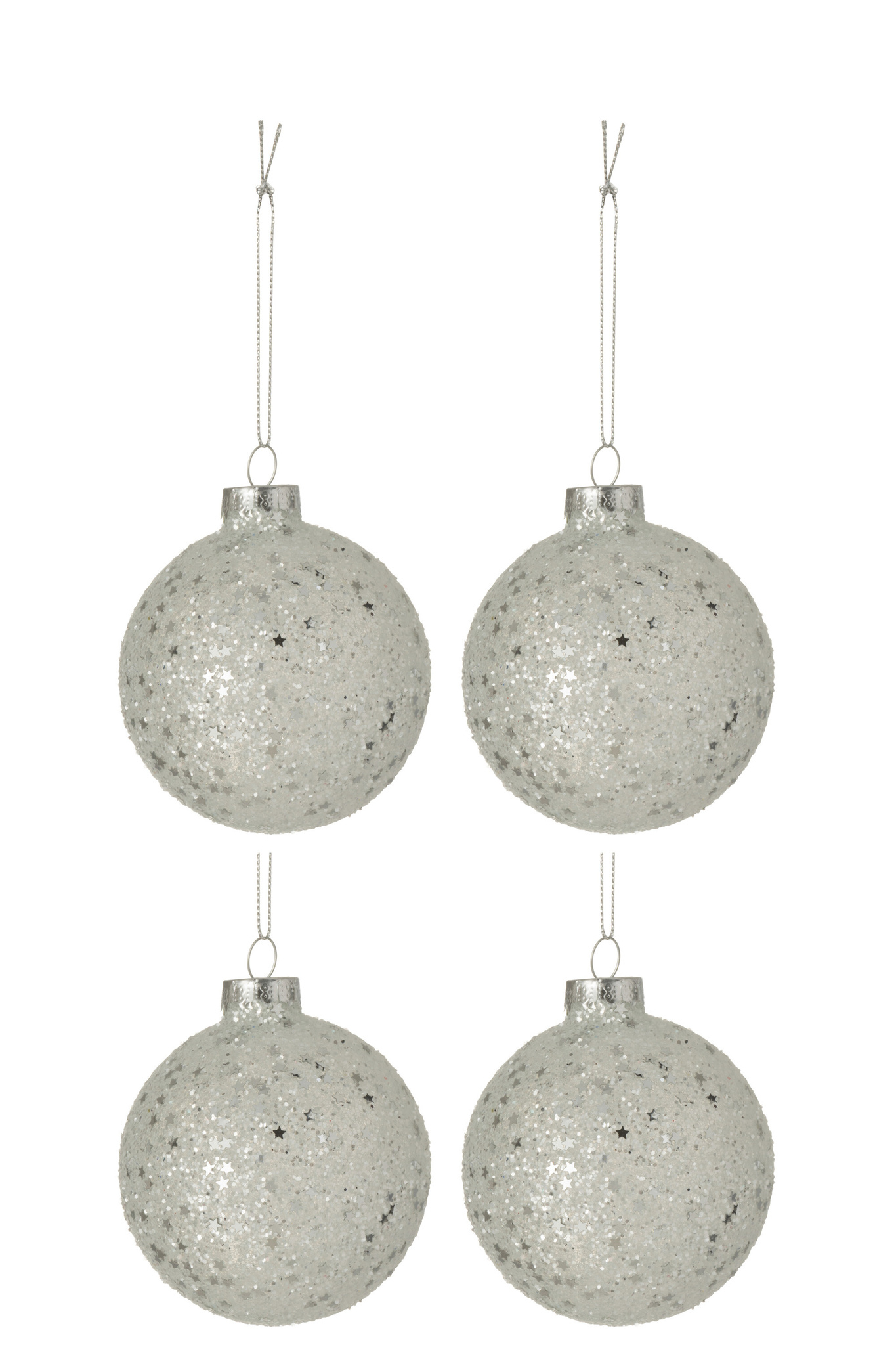 J-LINE DOOS VAN 4 KERSTBALLEN STERREN GLAS ZILVER MEDIUM