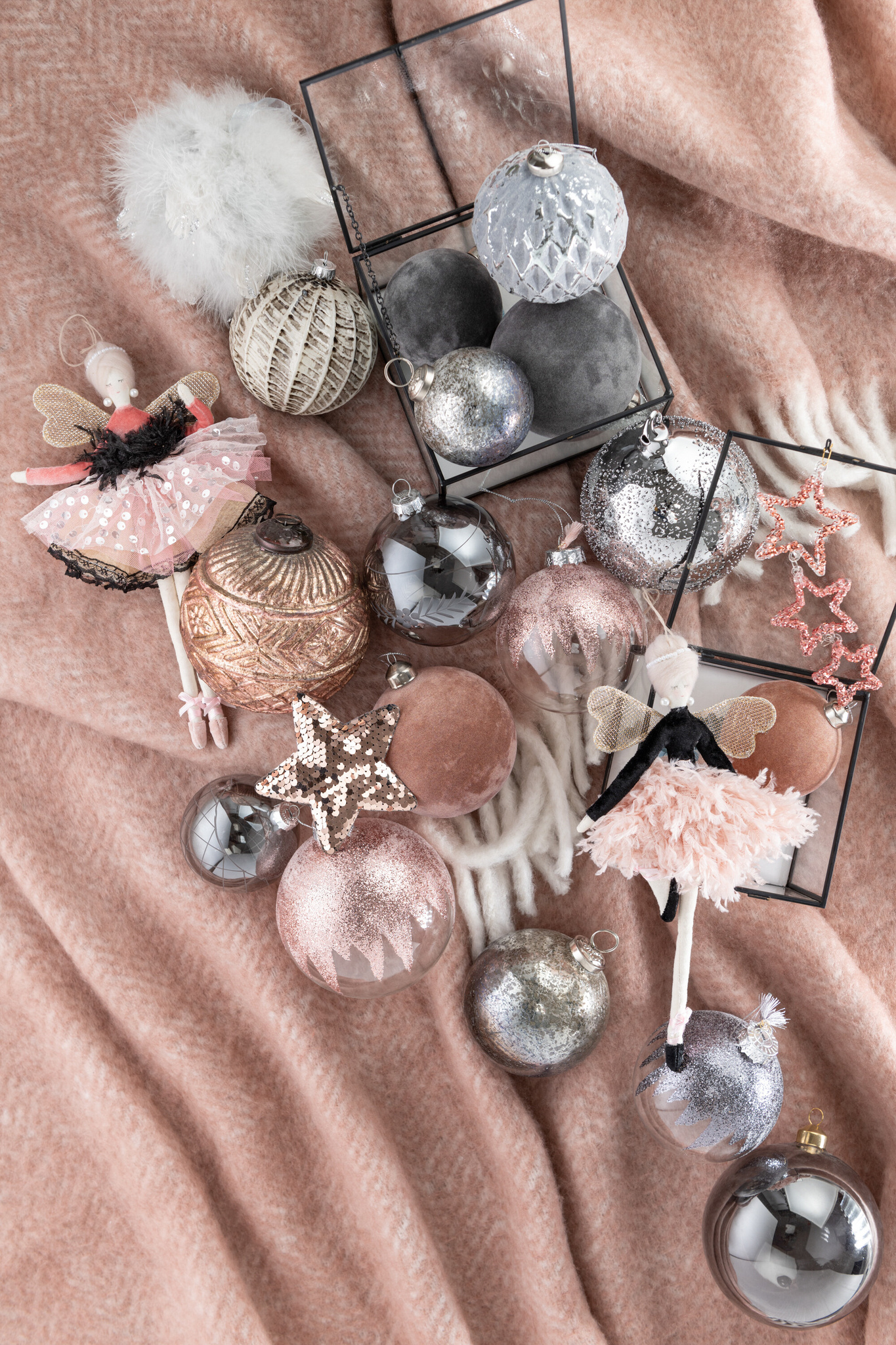 J-LINE DOOS VAN 4 KERSTBALLEN GLITTER MINI KWASTJE GRIJS GLAS TRANSPARANT MEDIUM