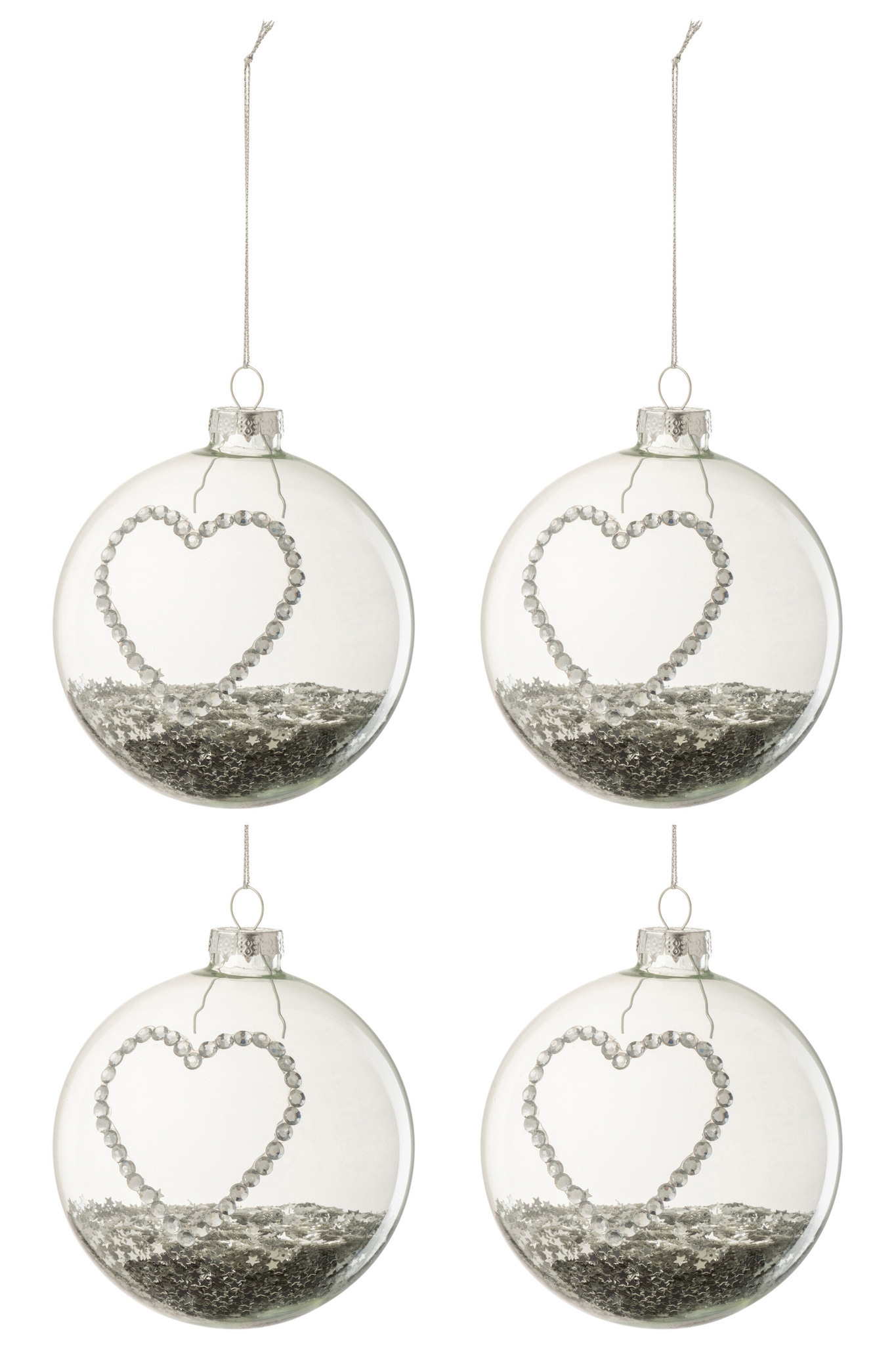J-LINE DOOS VAN 4 KERSTBALLEN HART STRASS ZILVEREN STERREN GLAS HELDER MEDIUM