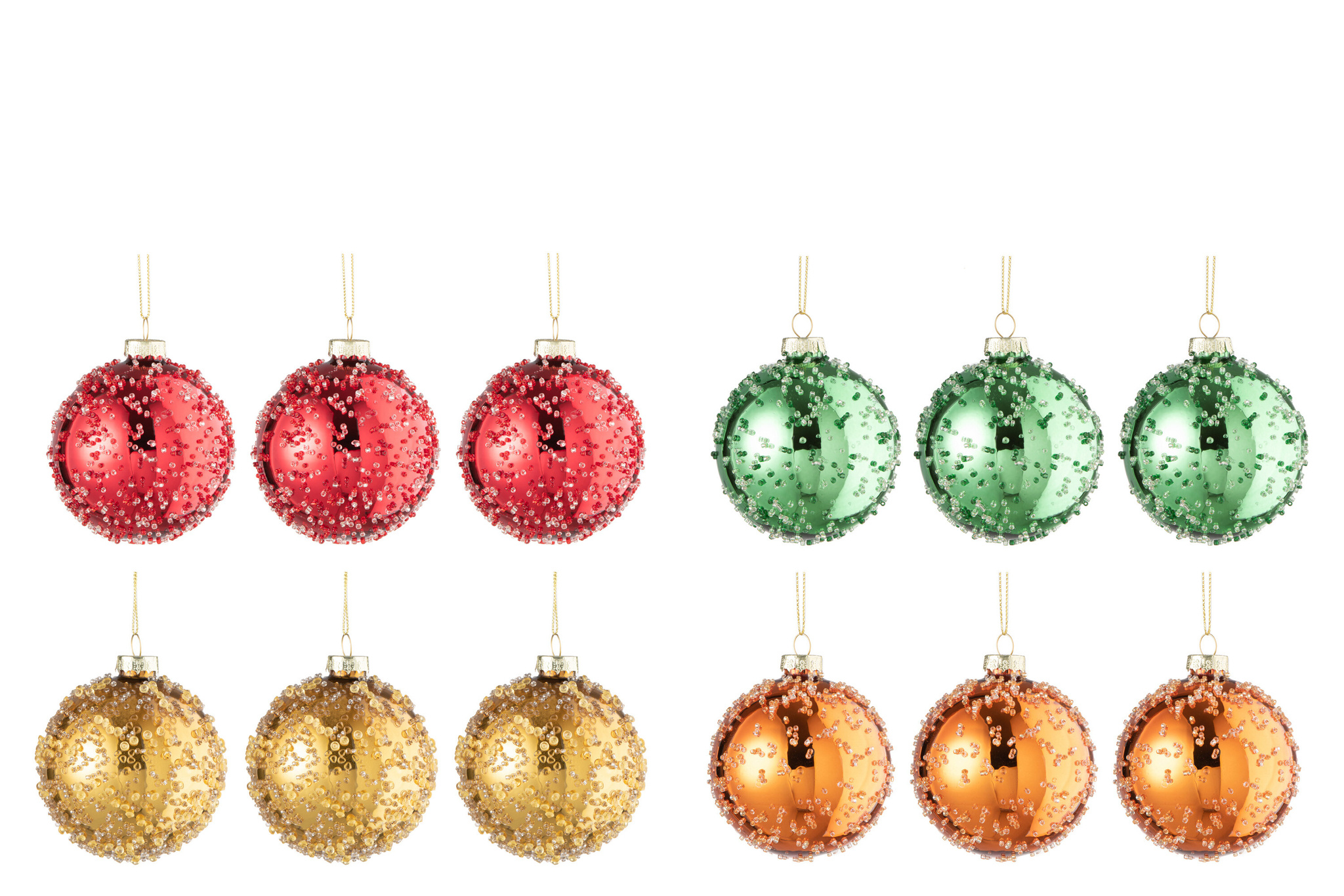 J-LINE DOOS VAN 12 KERSTBALLEN 3+3+3+3 PARELS GLAS GOUD/ROOD/ORANJE/GROEN KLEIN