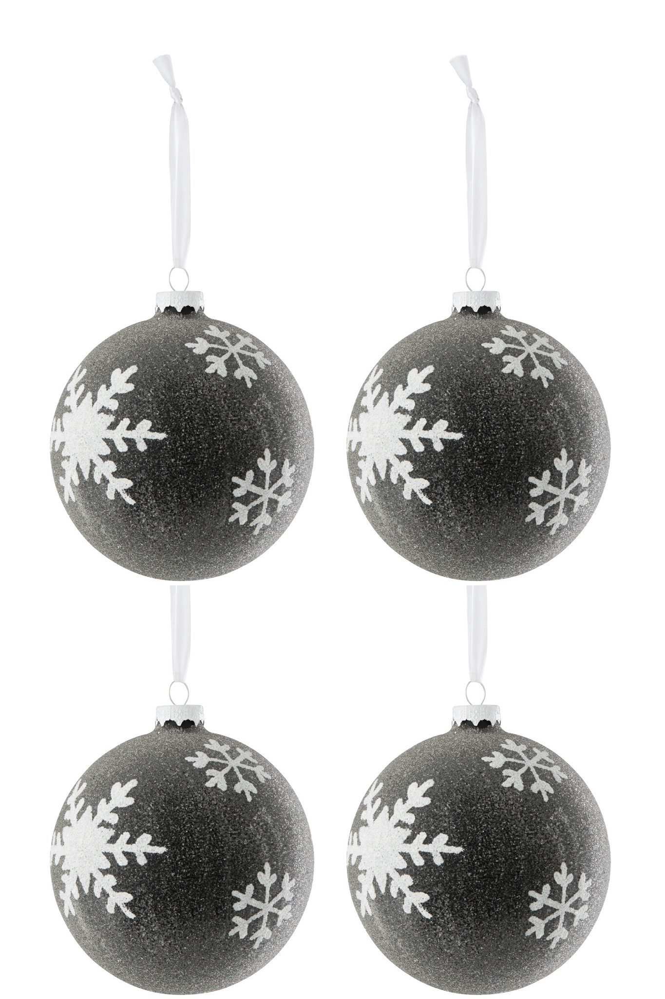 J-LINE DOOS VAN 4 KERSTBALLEN PARELS + SNEEUWVLOK GLAS GRIJS DONKER/WIT GROOT