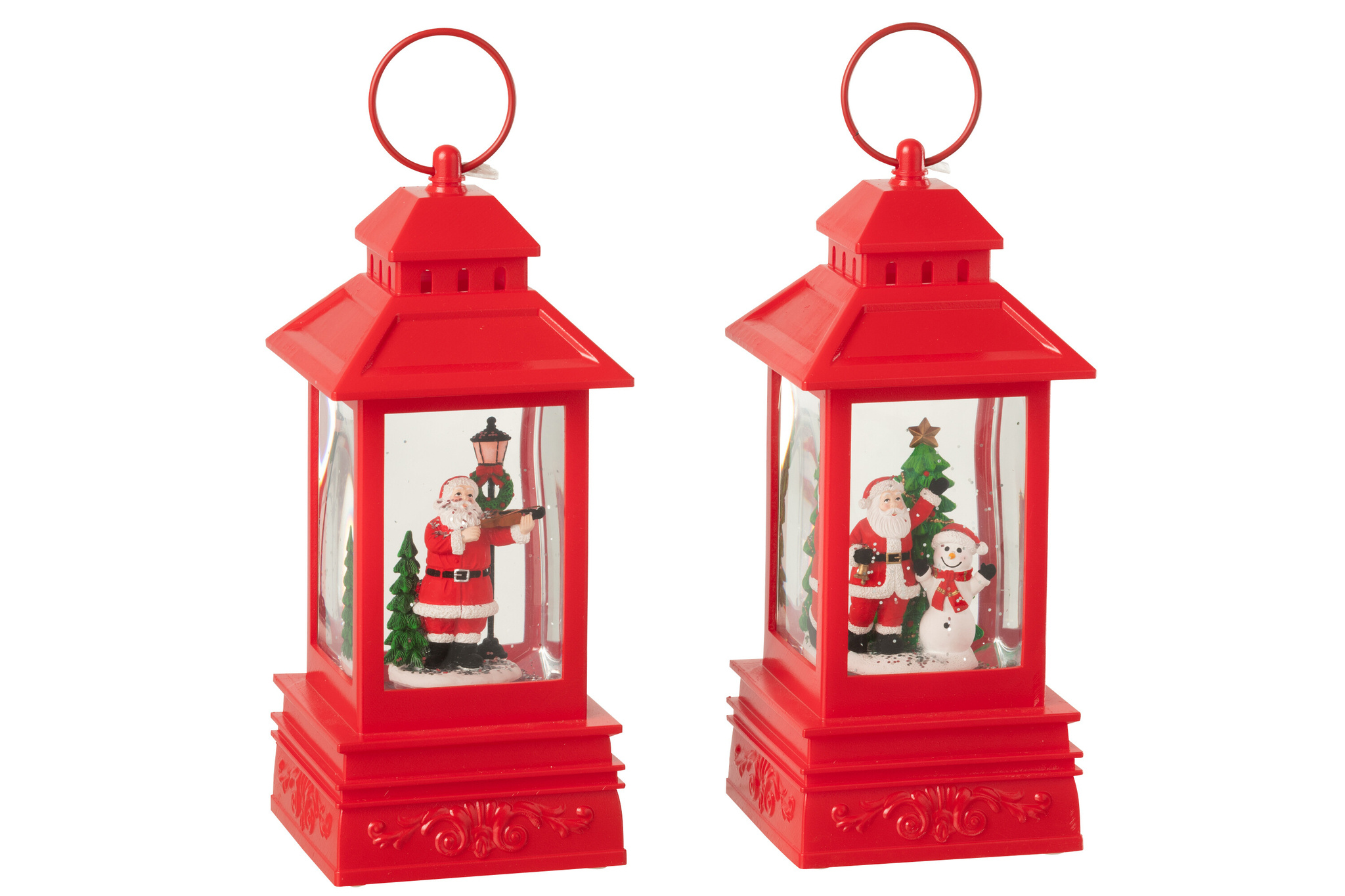 J-LINE WATER GLOBE LANTAARN KERSTMAN PLASTIC KERST ROOD – ASSORTIMENT VAN 2