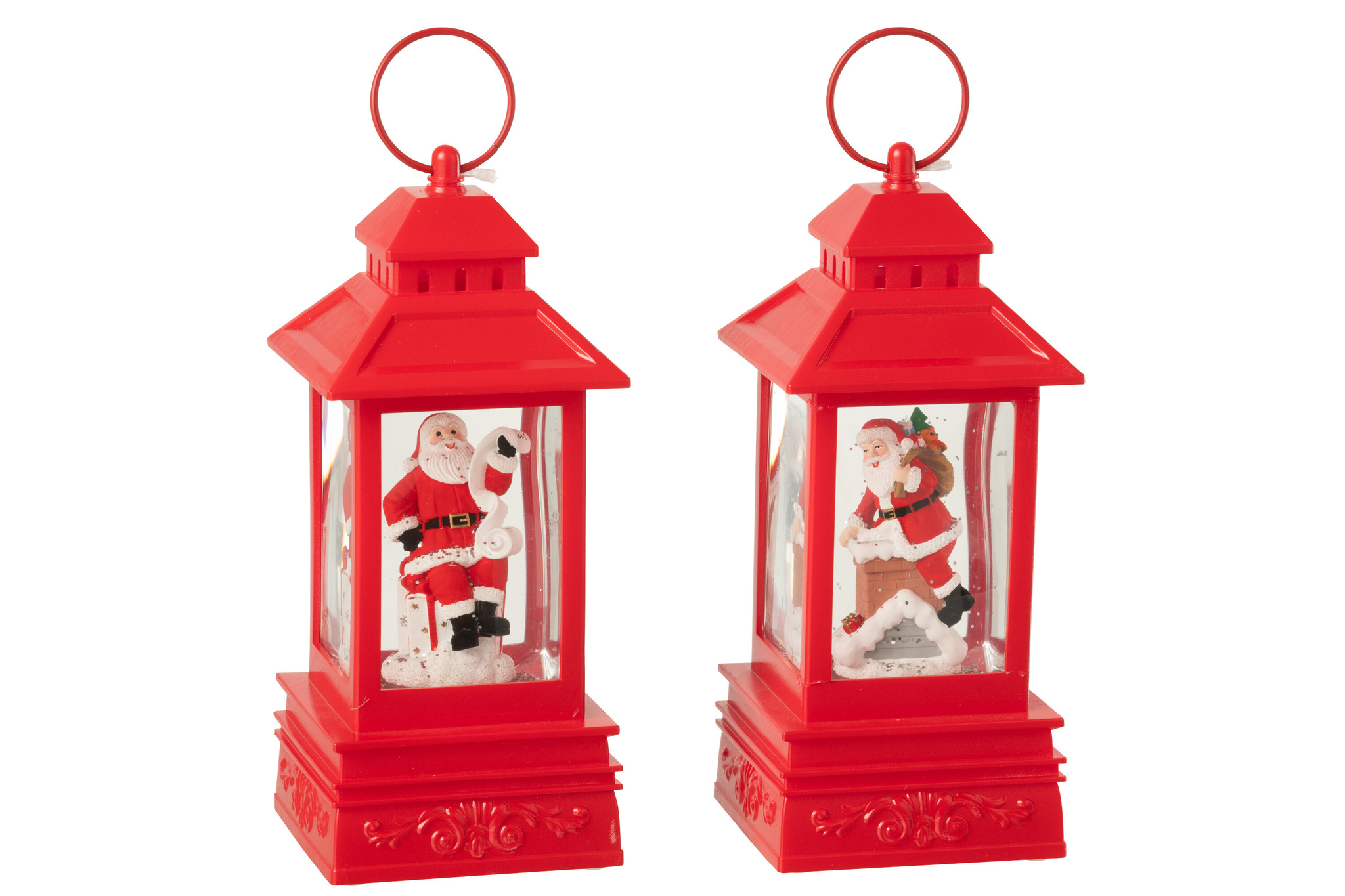 J-LINE WATER GLOBE LANTAARN KERSTMAN PLASTIC KERST ROOD ASSORTIMENT VAN 2