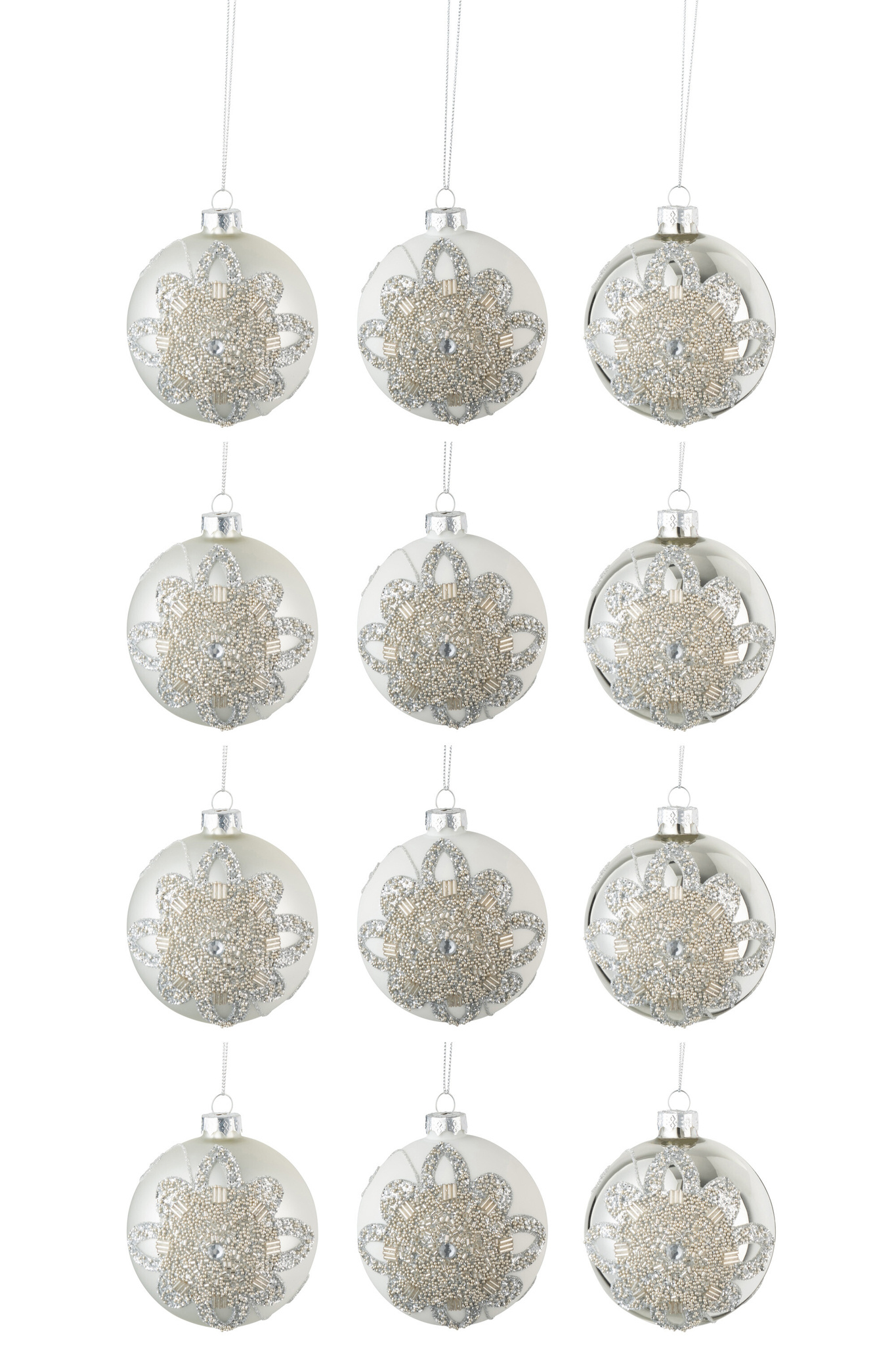 J-LINE DOOS VAN 12 KERSTBALLEN 4+4+4 ORNAMENT PARELS GLAS MAT WIT/MAT ZILVER/GLANS ZILVER KLEIN