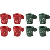 J-LINE DOOS VAN 4 KOFFIEKOPJES KERAMISCH KERST ROOD/DONKERGROEN – ASSORTIMENT VAN 2
