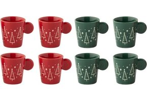 J-LINE DOOS VAN 4 KOFFIEKOPJES KERAMISCH KERST ROOD/DONKERGROEN – ASSORTIMENT VAN 2