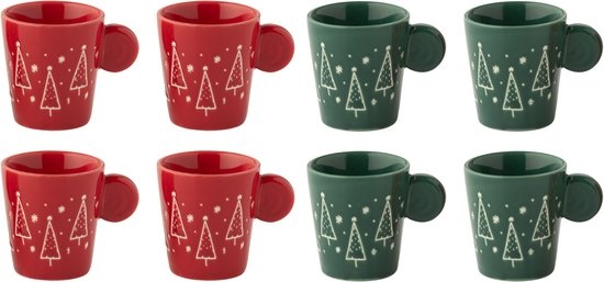 J-LINE DOOS VAN 4 KOFFIEKOPJES KERAMISCH KERST ROOD/DONKERGROEN – ASSORTIMENT VAN 2