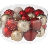 J-LINE DOOS VAN 30 KERSTBALLEN PLASTIC KERST ROOD/GOUDKLEURIG
