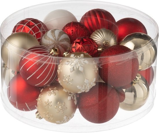 J-LINE DOOS VAN 30 KERSTBALLEN PLASTIC KERST ROOD/GOUDKLEURIG