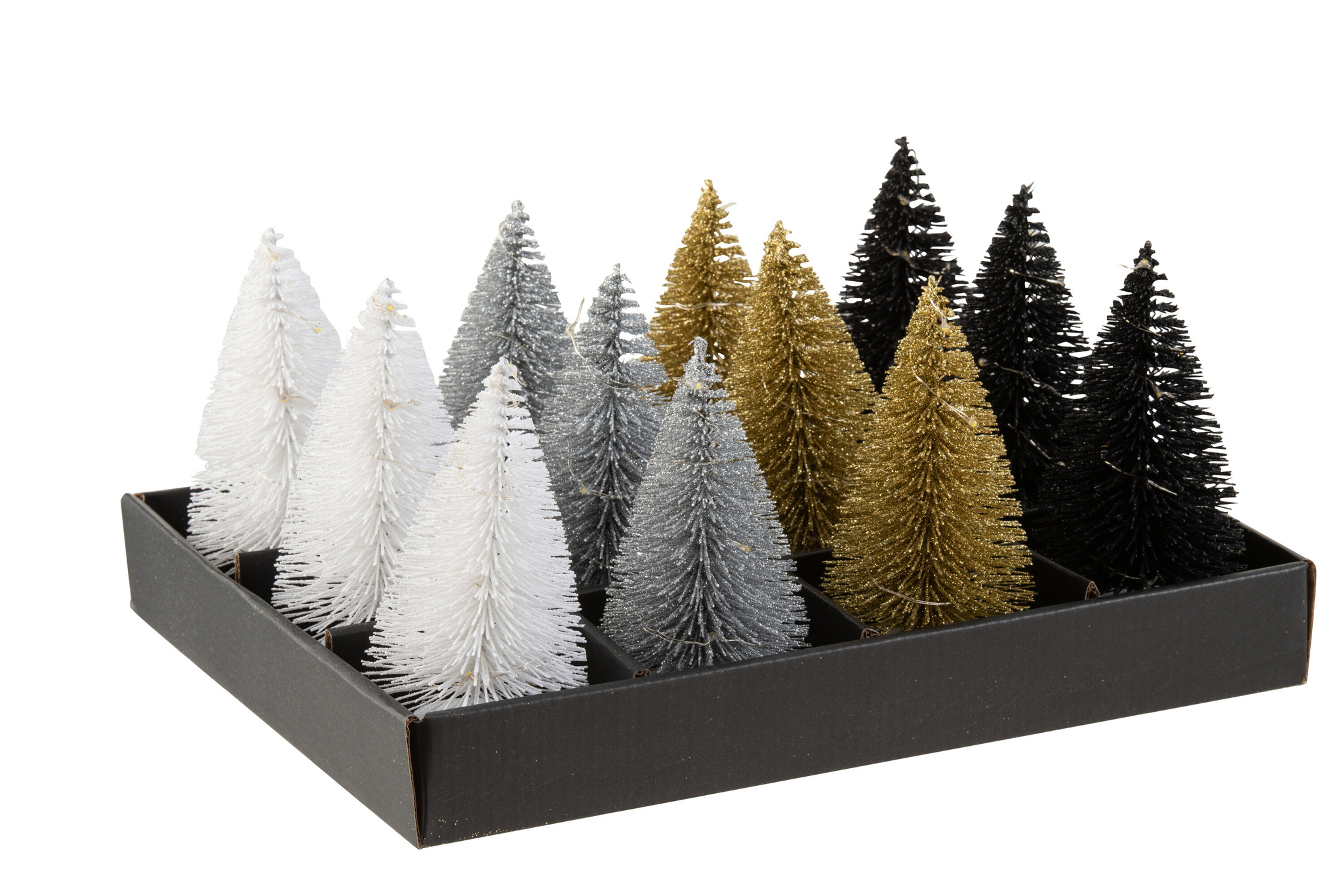 J-LINE DISPLAY 12 KERSTBOOM + LED GLITTER PLASTIC ZWART/ZILVER/GOUD